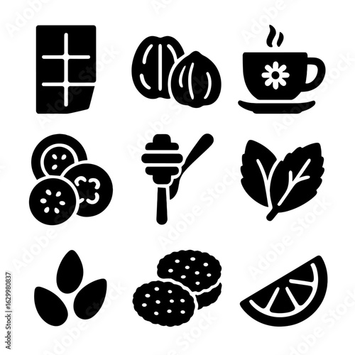 Calming Snacks Icons. Solid, filled icons set of calming snacks: dark chocolate, walnuts, chamomile tea,