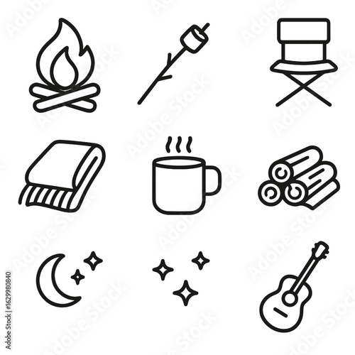 Campfire Icons Set. Outline icon set of sitting by a fire pit: campfire, marshmallow on stick, logs, folding