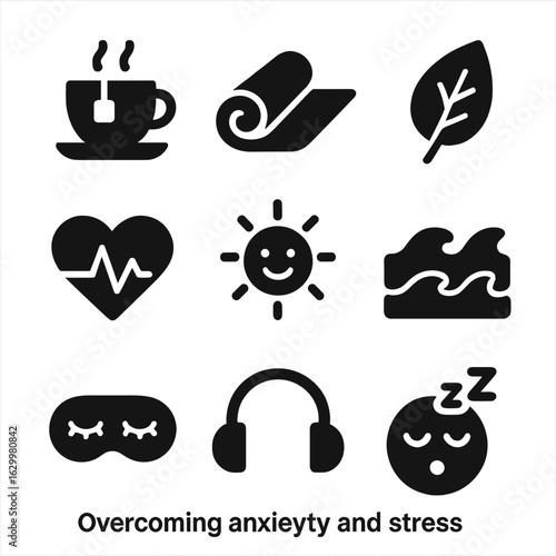 Calming Icons Set. Solid, filled icons set of overcoming anxiety and stress: calming tea cup, yoga mat, nature