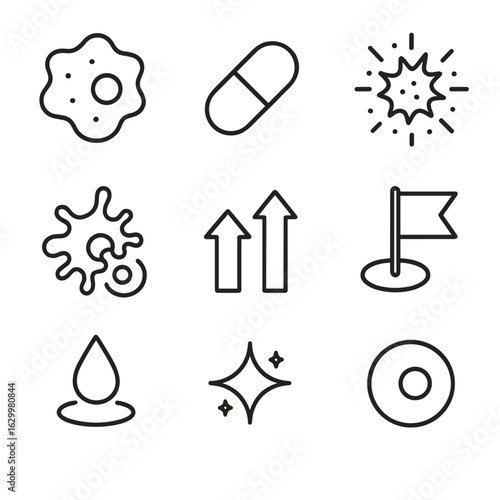 Cellular Senescence Icons. Outline icon set of cellular senescence clearance: senescent cell silhouette, senolytic pill, cell