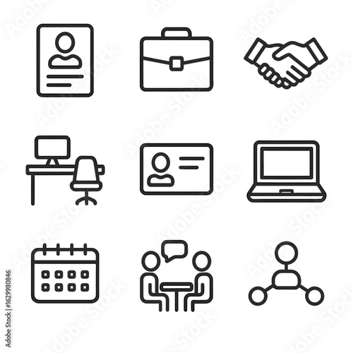 Early Career Icons. Outline icon set of early career: resume, briefcase, handshake, office desk, business card, laptop, calendar,