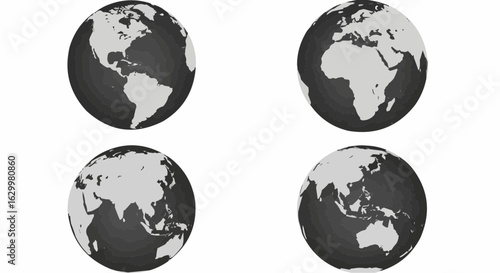 Set of four planet Earth globes with light grey land silhouette map on dark grey water background. 3D Vector illustration stock 
