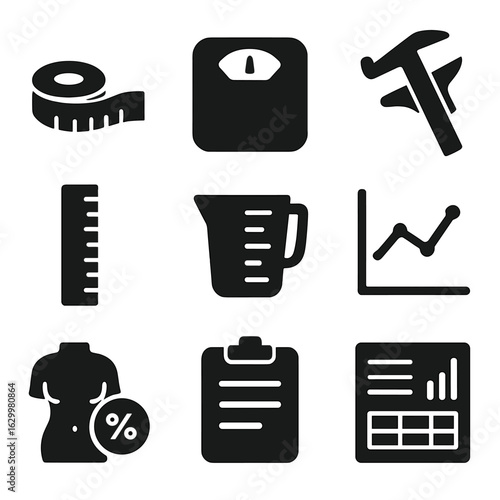 Body Measurement Icons. Solid, filled icon set of body measurement tools: tape measure, scale, caliper, ruler, measuring cup,