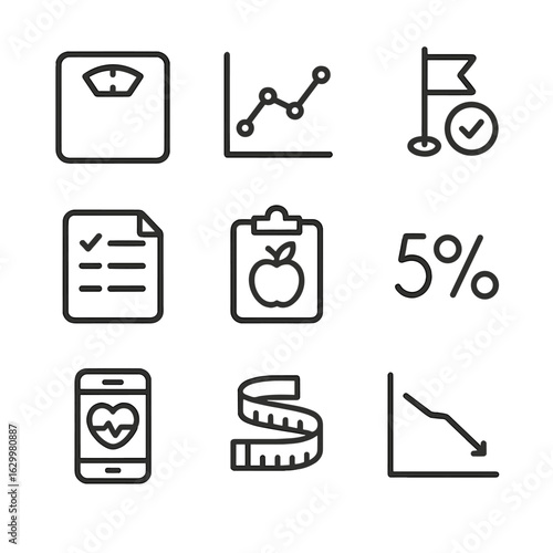 Body Weight Icon Set. Outline icon set of body weight tracking: weighing scale, BMI chart, weight log, goal icon, diet plan, fat
