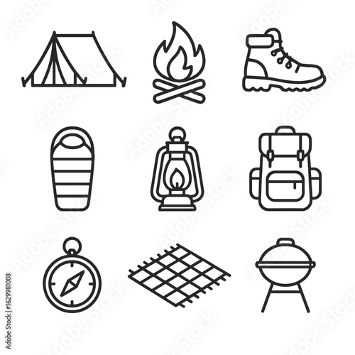Camping Gear Icons. Outline icon set of outdoor camping gear: tent, campfire, hiking boots, sleeping bag,
