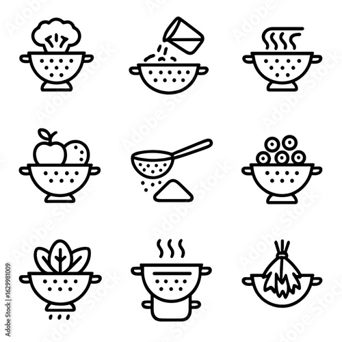 Colander Icon Set. Outline icon set of colander uses: washing vegetables, rinsing rice, draining pasta, straining fruits, sifting