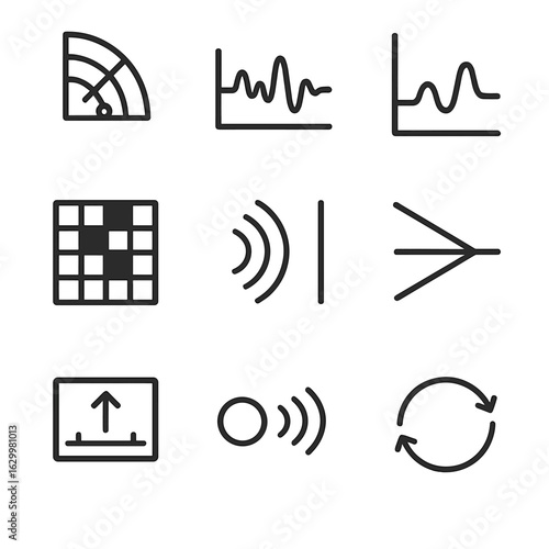 Echo Visualization Icons. Outline icon set of echo visualization: echo sonar map, echo waveform display, echo time graph, echo
