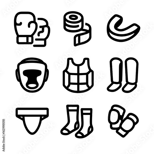 Boxing Gear Icons. Solid, filled icon set of Boxing workout protective gear: gloves, hand wraps, mouthguard, headgear, chest