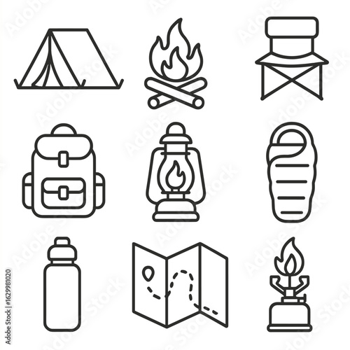 Camping Essentials Icons. Outline icon set of camping essentials: tent, campfire, camping chair, backpack,