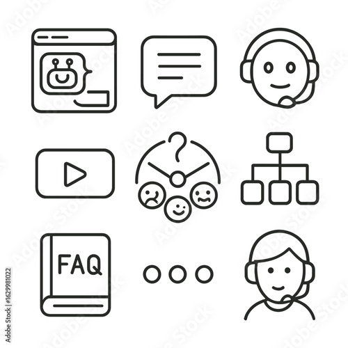 Chatbot Icon Set. Outline icon set of chatbot and virtual assistant engagement: chat window with bot, natural language speech