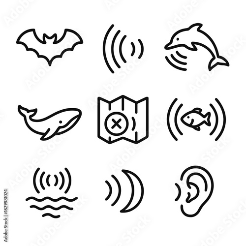 Echolocation Icons Grid. Outline icon set of echolocation in wildlife: bat flying silhouette, bat sonar pulses, dolphin echo click