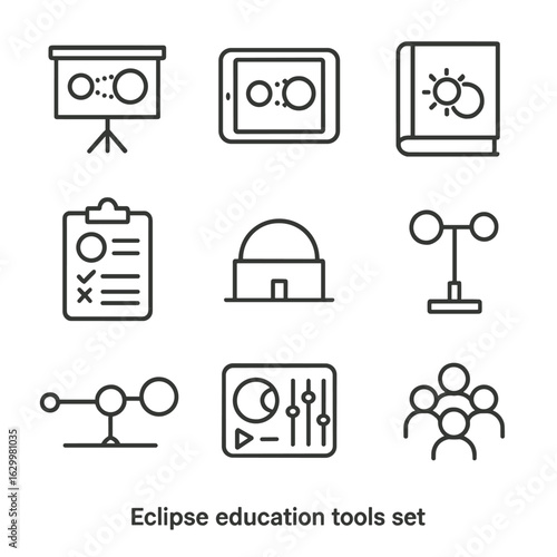 Eclipse Education Icons. Outline icon set of eclipse educational tools: classroom projector with eclipse diagram, interactive app