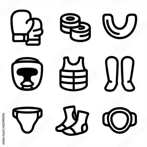 Boxing Gear Icons. Solid, filled icon set of Boxing workout protective gear: gloves, hand wraps, mouthguard, headgear, chest