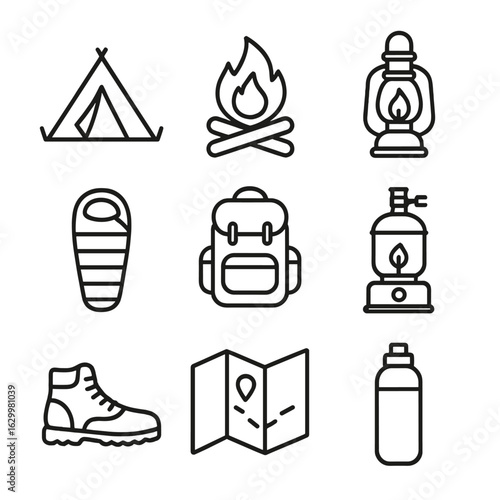 Camping Gear Icons. Outline icon set of camping setup: tent, campfire, lantern, sleeping bag, backpack, camp