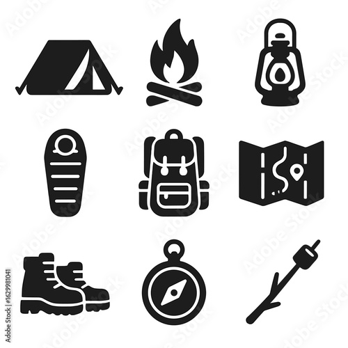 Camping Gear Icons. Solid, filled icons set of Spring break camping gear: tent, campfire, lantern, sleeping