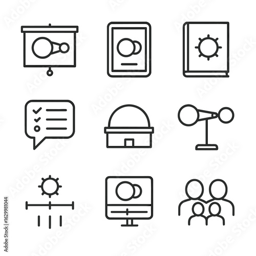 Eclipse Education Icons. Outline icon set of eclipse educational tools: classroom projector with eclipse diagram, interactive app