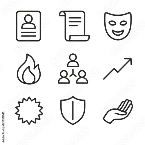 Character Development Icons. Outline icon set of character development elements: character profile sheet, backstory scroll,