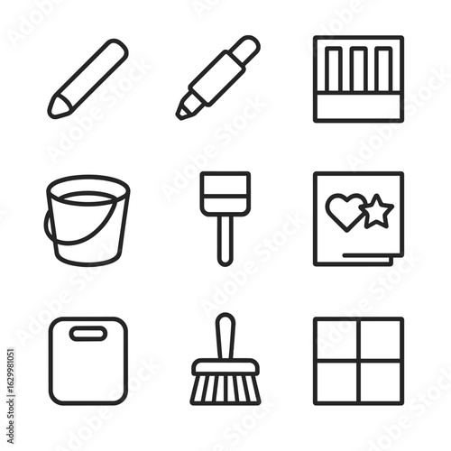 Chalk Art Tools Icons. Outline icon set of chalk art tools and materials: chalk stick, chalk holder, pastel chalk box, water