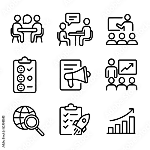 Change Management Icons. Outline icon set of change management activities: team workshop, stakeholder meeting, training session,