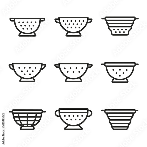 Colander Icon Set. Outline icon set of colander materials: plastic, stainless steel, silicone, aluminum, enameled metal, bamboo,