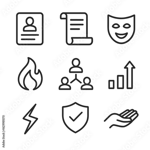 Character Development Icons. Outline icon set of character development elements: character profile sheet, backstory scroll,