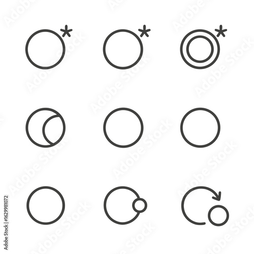 Eclipse Icon Set. Outline icon set of eclipse types: total solar, partial solar, annular solar, hybrid solar, total lunar, partial
