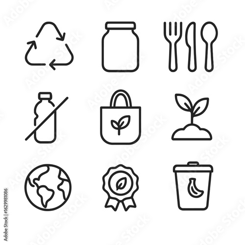Eco Living Icons. Outline icon set of eco-conscious living: recycling icon, zero waste jar, reusable cutlery, no plastic sign, eco