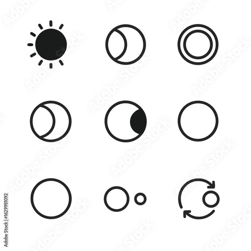 Eclipse Icon Set. Outline icon set of eclipse types: total solar, partial solar, annular solar, hybrid solar, total lunar, partial
