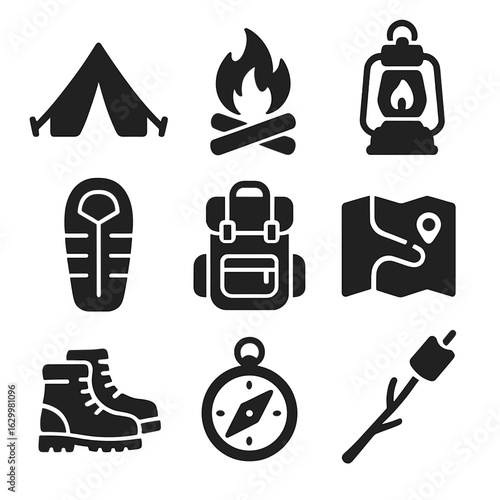 Camping Gear Icons. Solid, filled icons set of Spring break camping gear: tent, campfire, lantern, sleeping