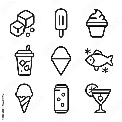 Cold Drinks Icon Set. Outline icon set of cold drinks and food: ice cube, popsicle, frozen yogurt, iced coffee, snow cone, frozen