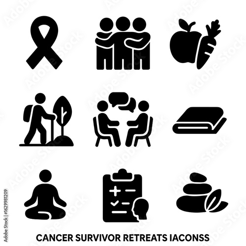 Cancer Survivor Icons. Solid, filled icons set of cancer survivor retreats: ribbon symbol, group hug, healthy