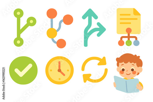 Child-Friendly Version Control. Flat vector mini-illustrations version control interface in colors children's illustrations: