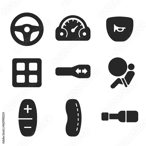 Car Control Icons. Solid, filled icons set of Car interior driving controls: steering wheel, dashboard