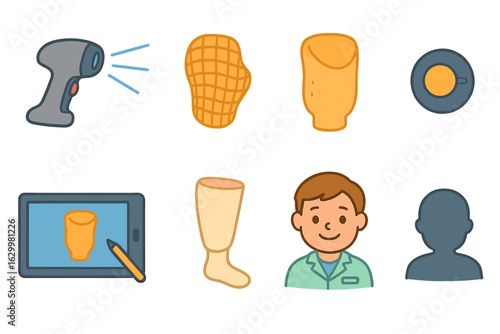 Child-Friendly Prosthetic Workflow. Flat vector mini-illustrations prosthetic socket scanning workflow in colors children's
