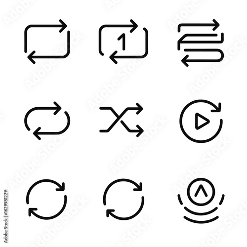 Outline Icon Collections. Outline icon set of repeat controls: repeat button, repeat one, repeat all, loop, shuffle, replay,