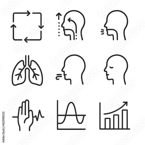 Breathing Exercises Icons. Outline icon set of breathing exercises: box breathing diagram, 4-7-8 breath cycle, breath in with