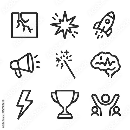 Breakthrough Moment Icons. Solid, filled icon set of breakthrough moments: cracked wall, exploding star, rocket launch, megaphone,