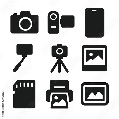 Capturing Memories Icons. Solid, filled icons set of capturing memories: camera, video recorder, smartphone,