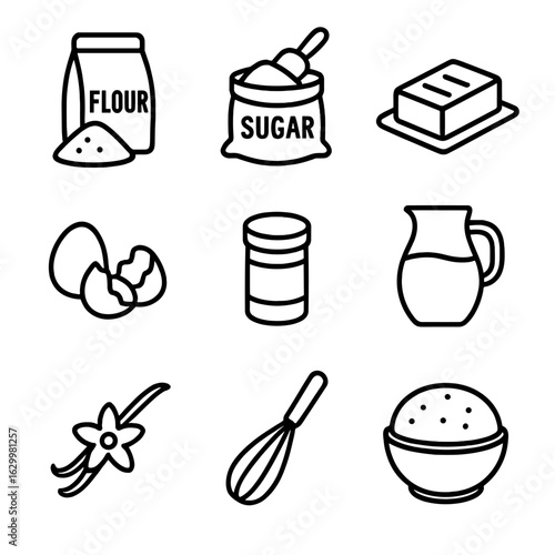 Egg Baking Icons. Outline icon set of egg baking ingredients: flour, sugar, butter, eggshell cracked, baking powder, milk, vanilla