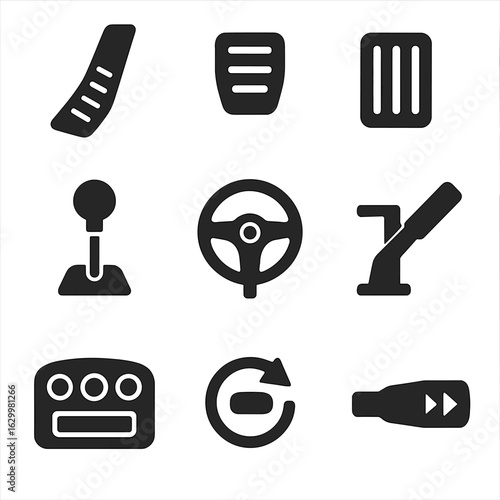 Car Controls Icon Set. Solid, filled icons set of car movement controls: accelerator pedal, brake pedal,