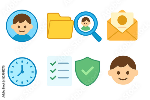 Child-like Data Icons. Flat vector mini-illustrations data subject access request in colors children's illustrations: user profile
