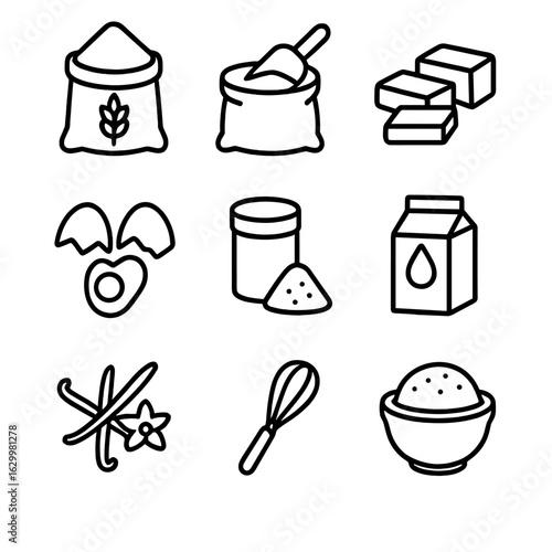Egg Baking Icons. Outline icon set of egg baking ingredients: flour, sugar, butter, eggshell cracked, baking powder, milk, vanilla