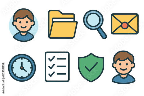 Child-like Data Icons. Flat vector mini-illustrations data subject access request in colors children's illustrations: user profile