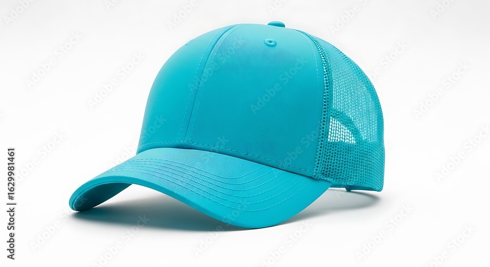 Fototapeta premium A bright teal trucker cap with mesh sides, angled for a dynamic studio shot