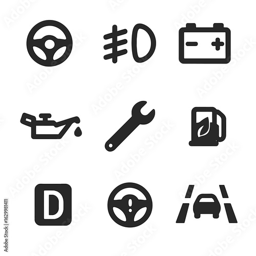 Car Dashboard Icons. Solid, filled icons set of Car instrument panel symbols: cruise control, fog light
