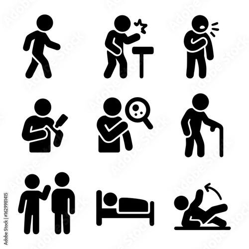 Bruise Care Icons. Solid, filled icon set of bruise-related activities: walking carefully, avoiding bumping, reporting pain,