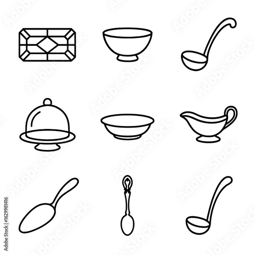 Elegant Serveware Icons. Outline icon set of elegant serveware: crystal tray, porcelain bowl, silver platter, gold ladle, glass