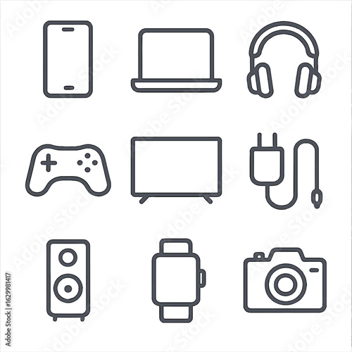 Electronics Icons Grid. Outline icon set of electronics store equipment: smartphone, laptop, headphones, gaming controller,