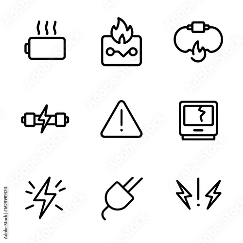 Electronic Malfunction Icons. Outline icon set of overload in electronics: battery overheating, circuit overload, wire overheating