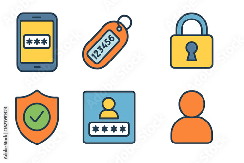 Child's Security Icons. Flat vector mini-illustrations two factor authentication setup in colors children's illustrations: